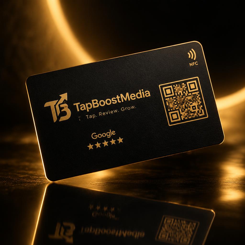 TapBoostMedia NFC Bewertungskarte mit Gold-Logo